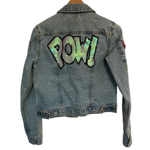 DD77 jeans jacket custom made POW💥 diamond and cat  sequin patches sz small